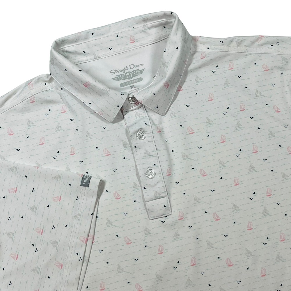 Straight Down Polo Shirt Mens XL White Nautical Sailboat Performance Golf Top